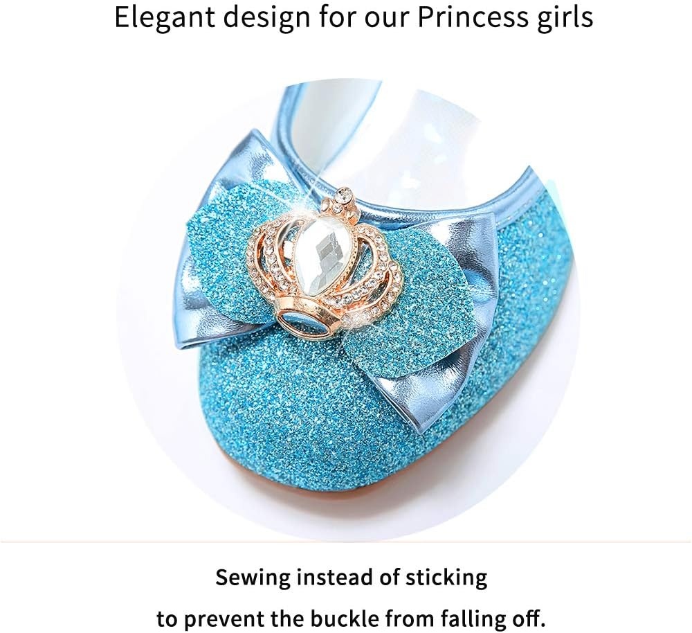 Stelle Girls Dress Shoes Glitter Princess Low Heels for Party Wedding Prom | Shiny glitter finish, Bowknot charms, 1 inch Low Heel, Cushioned comfort, Dress-up, Special occasions, Comfortable fit(T13-elsa Blue Glitter)