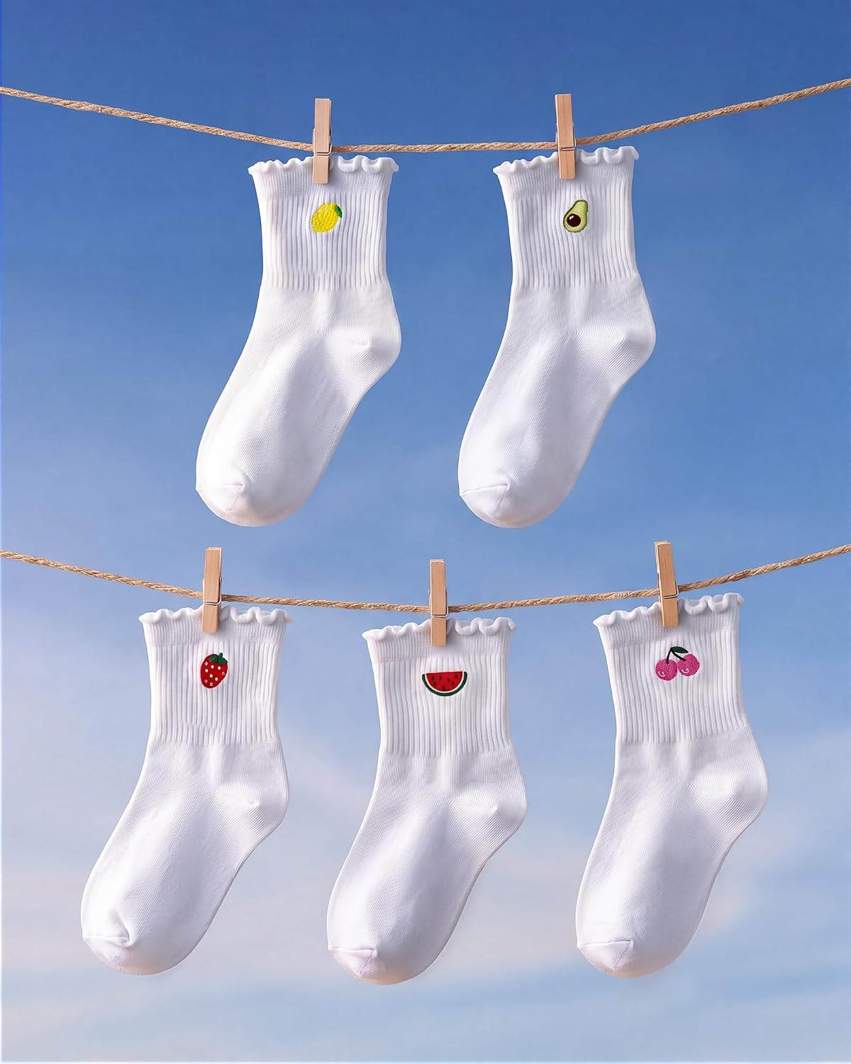 Stelle Girls Socks Cotton Ruffle Athletic Ankle Sock 3/4/5 Pairs for Kids(Strawberry+lemon+avocado+watermelon+cherry)