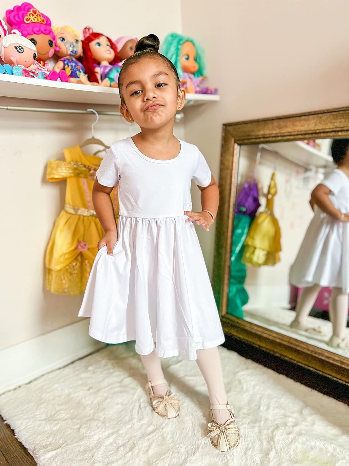 Stelle Girls Cotton Short Sleeve Twirl Skater Dress 3T-12Y(A02-white (Without Pocket))