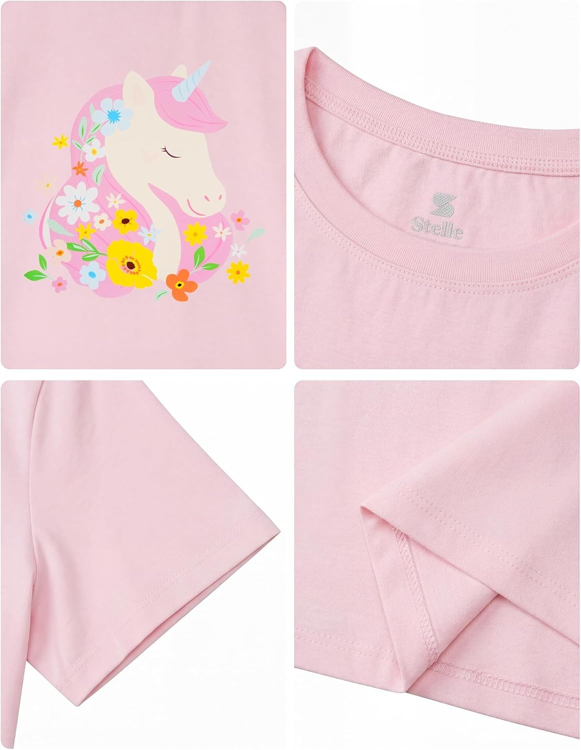 Stelle Girls Graphic T Shirt Cotton Crewneck Short Sleeve Casual Tee | Classic fit, Short sleeve, Soft cotton blend, Breathable, Stretch, Graphic print, School, Playdates, Vacation, Girls tshirt(Lilac Unicorn|pink)