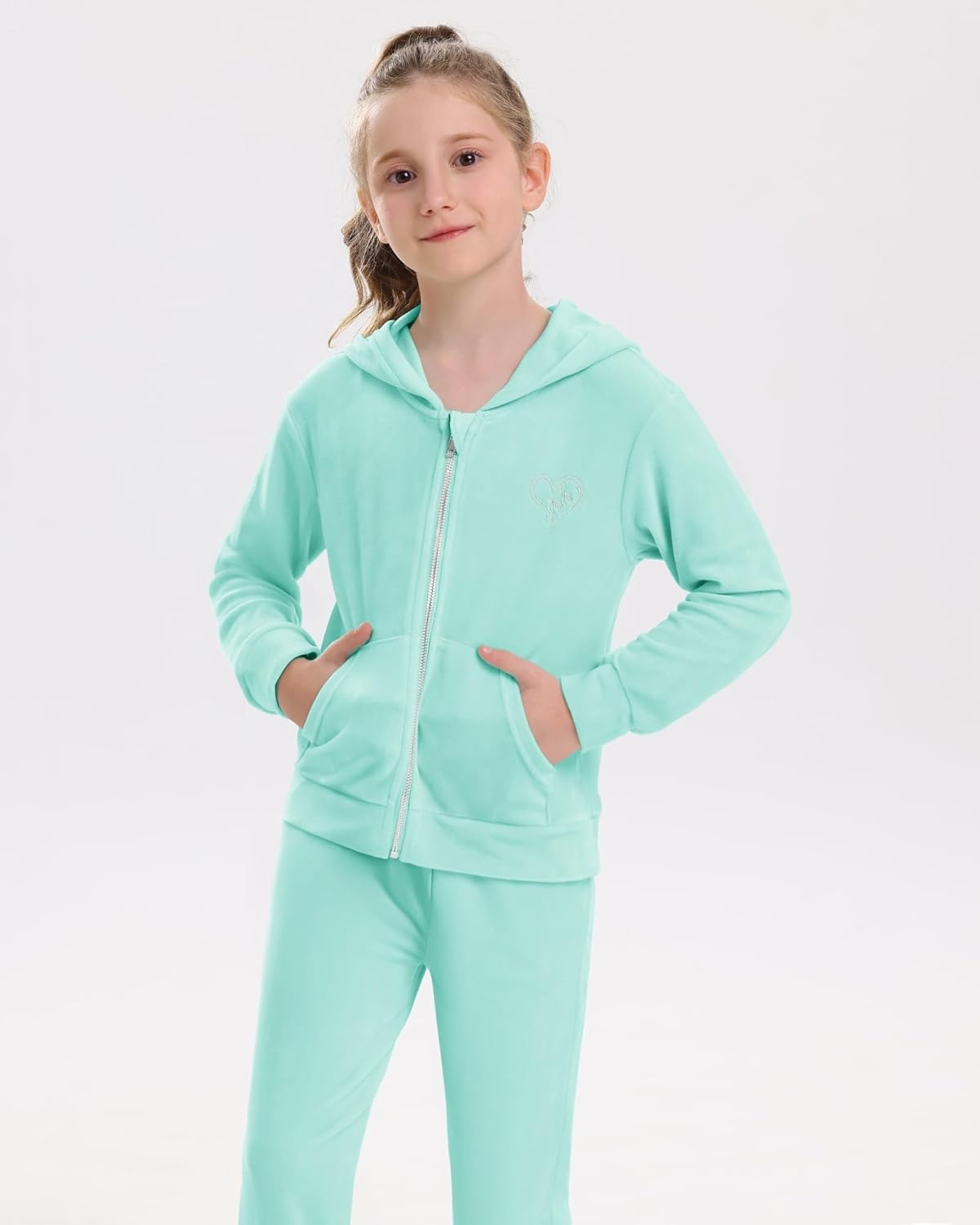 Stelle Girls Velour Tracksuits Zip Up Hoodies Joggers with Pockets 5-15 Y | Sweatshirt with Pockets,Chin Guard,Elastic Waist,Fall Winter Outfits,Holiday,Christmas,Toddler,Little Girl ,Tween,Teen,Preppy(Mint Green)