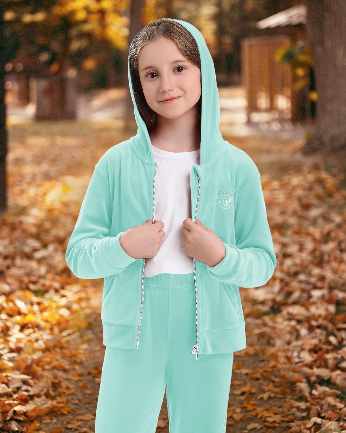 Stelle Girls Velour Tracksuits Zip Up Hoodies Joggers with Pockets 5-15 Y | Sweatshirt with Pockets,Chin Guard,Elastic Waist,Fall Winter Outfits,Holiday,Christmas,Toddler,Little Girl ,Tween,Teen,Preppy(Mint Green)