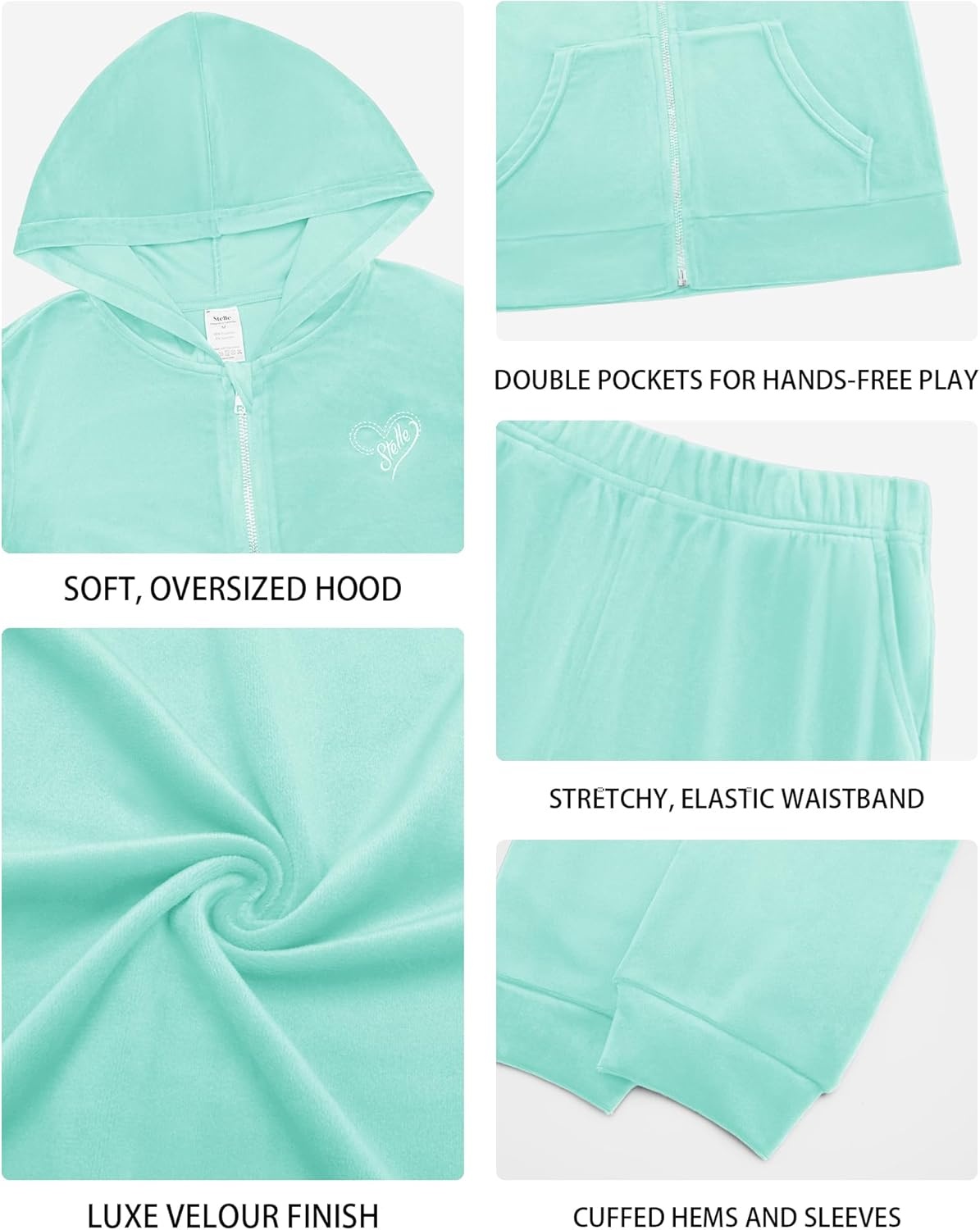Stelle Girls Velour Tracksuits Zip Up Hoodies Joggers with Pockets 5-15 Y | Sweatshirt with Pockets,Chin Guard,Elastic Waist,Fall Winter Outfits,Holiday,Christmas,Toddler,Little Girl ,Tween,Teen,Preppy(Mint Green)