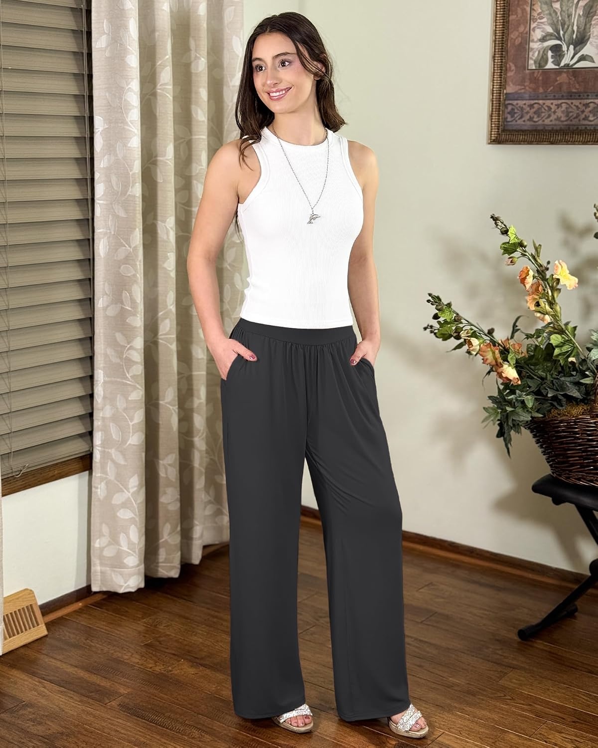 Stelle 28 Wide Leg Yoga Pants Womens High Waisted Cozy Sweatpants Flowy Sports Athletic Lounge Pants with Pockets(Charcoal)