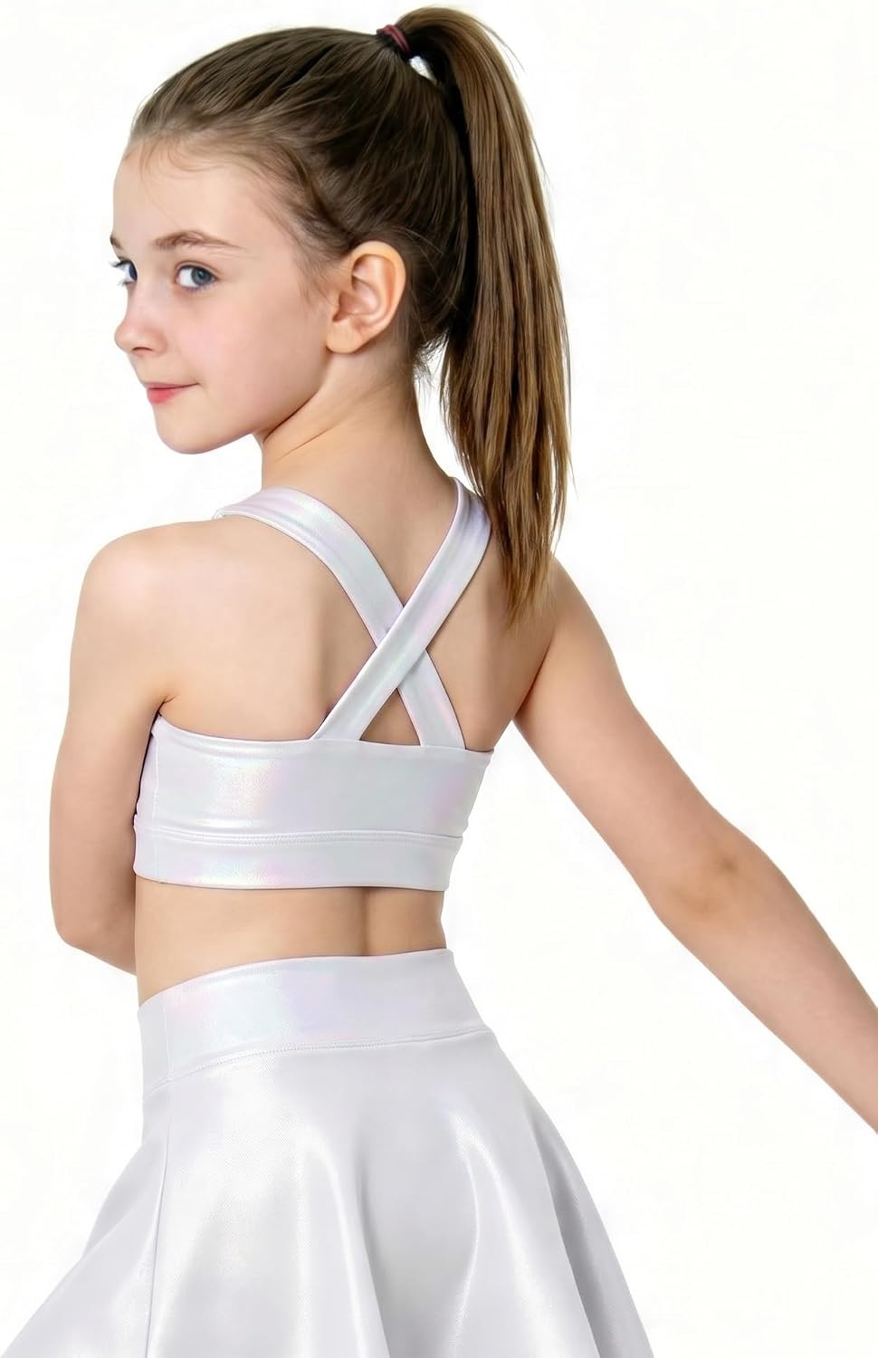 Stelle Girls Shiny Metallic Crop Tank Tops Sparkly Scoop Neck Dance Tops Sleeveless Cross Back Dancewear for Gymnastics Party(White)