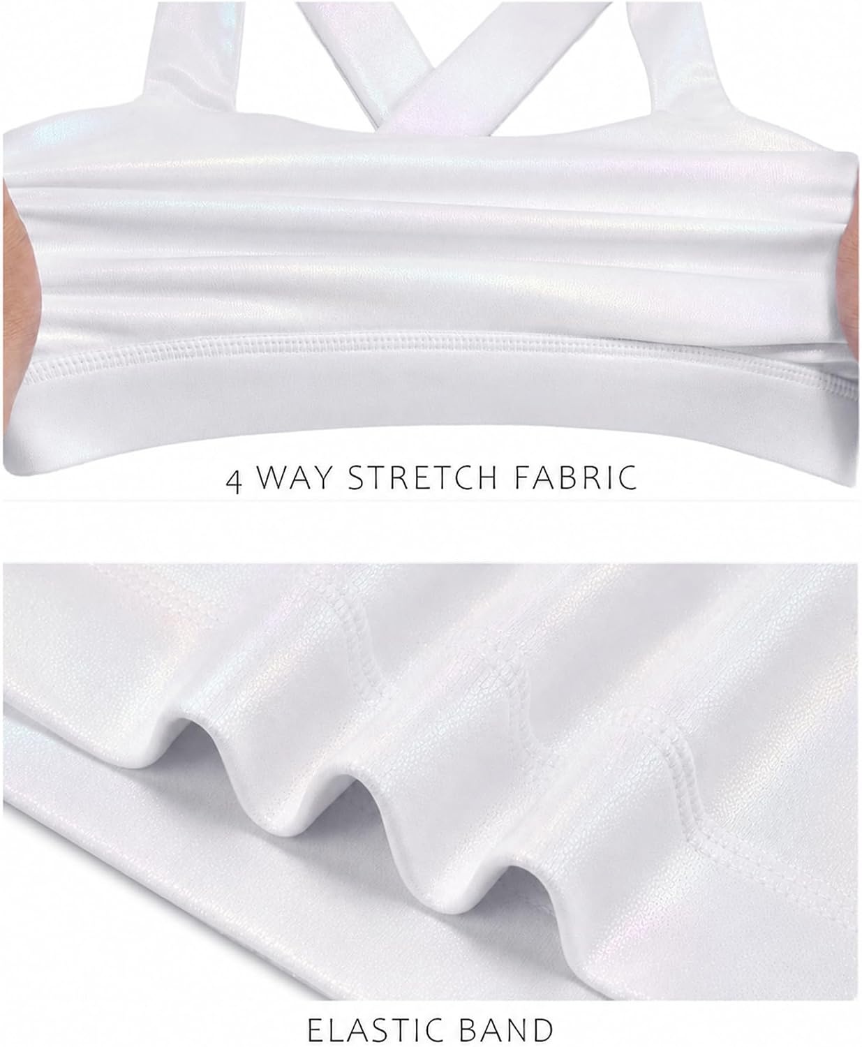 Stelle Girls Shiny Metallic Crop Tank Tops Sparkly Scoop Neck Dance Tops Sleeveless Cross Back Dancewear for Gymnastics Party(White)