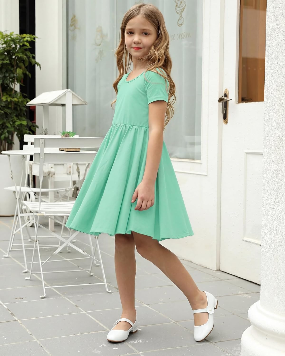 Stelle Girls Cotton Short Sleeve Twirl Skater Dress 3T-12Y | Twirl-Friendly Skirt, A Line,Criss Cross Back,Dress for School,Dance,Playwear,Casual,Active,Soft Stretch Breathable Comfy(A02-mint Green (Without Pocket))