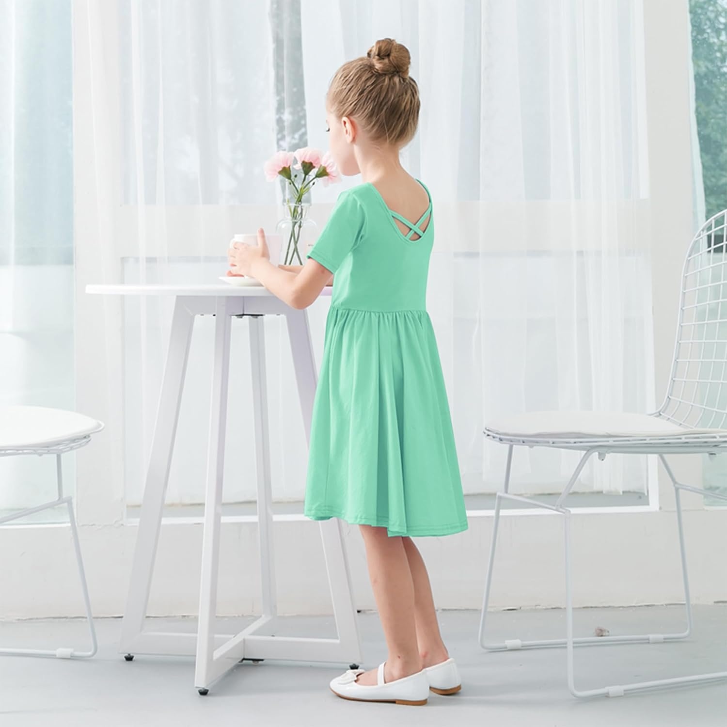 Stelle Girls Cotton Short Sleeve Twirl Skater Dress 3T-12Y | Twirl-Friendly Skirt, A Line,Criss Cross Back,Dress for School,Dance,Playwear,Casual,Active,Soft Stretch Breathable Comfy(A02-mint Green (Without Pocket))