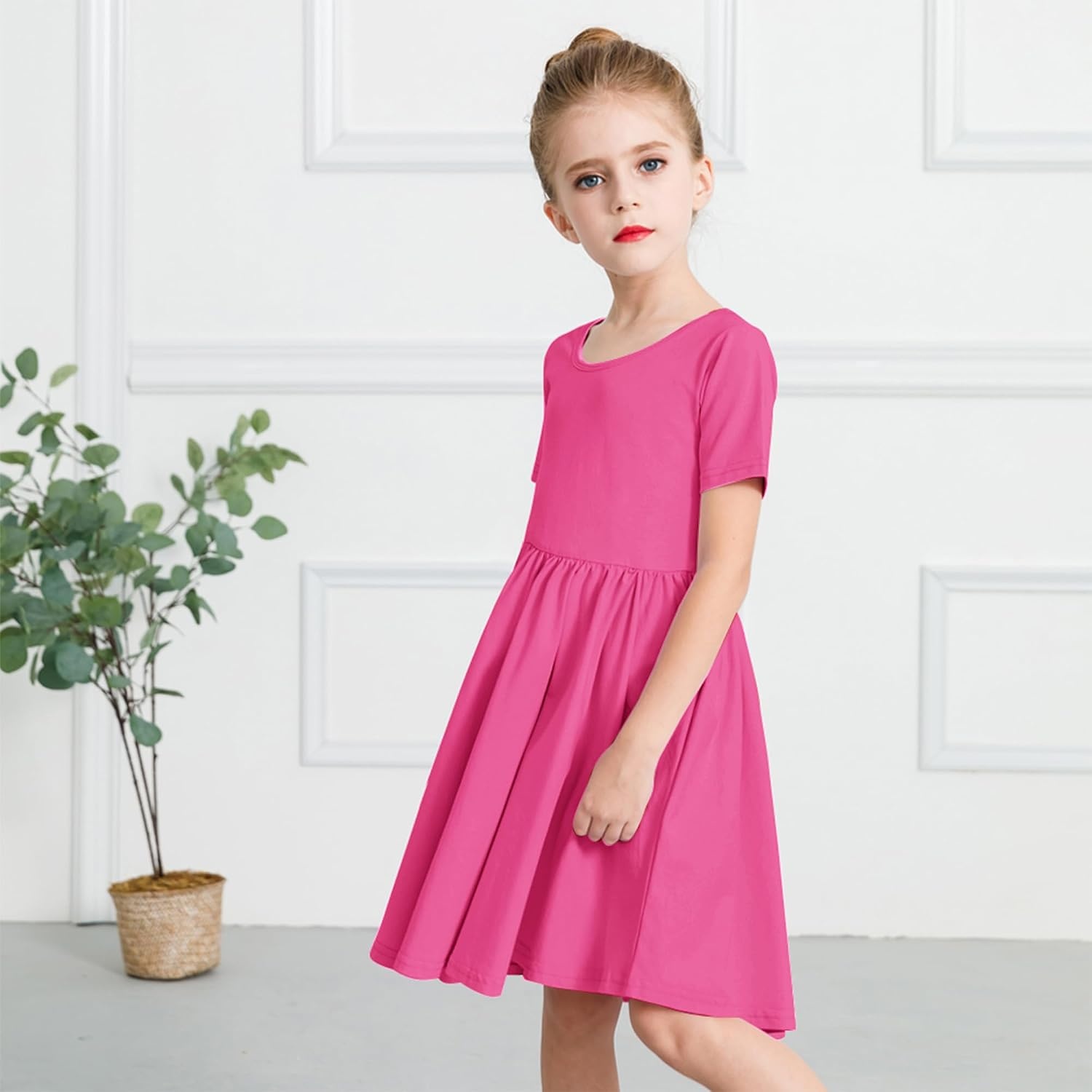 Stelle Girls Cotton Short Sleeve Twirl Skater Dress 3T-12Y(A02-dreamhouse Pink (Without Pocket))