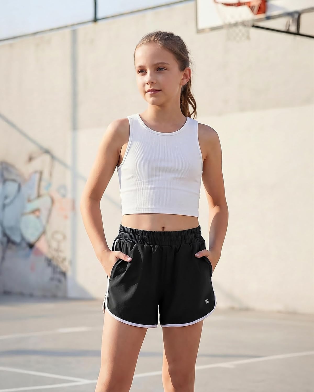 Stelle Girls Athletic Shorts with Pockets Quick Dry Running Shorts for Teen(Black)