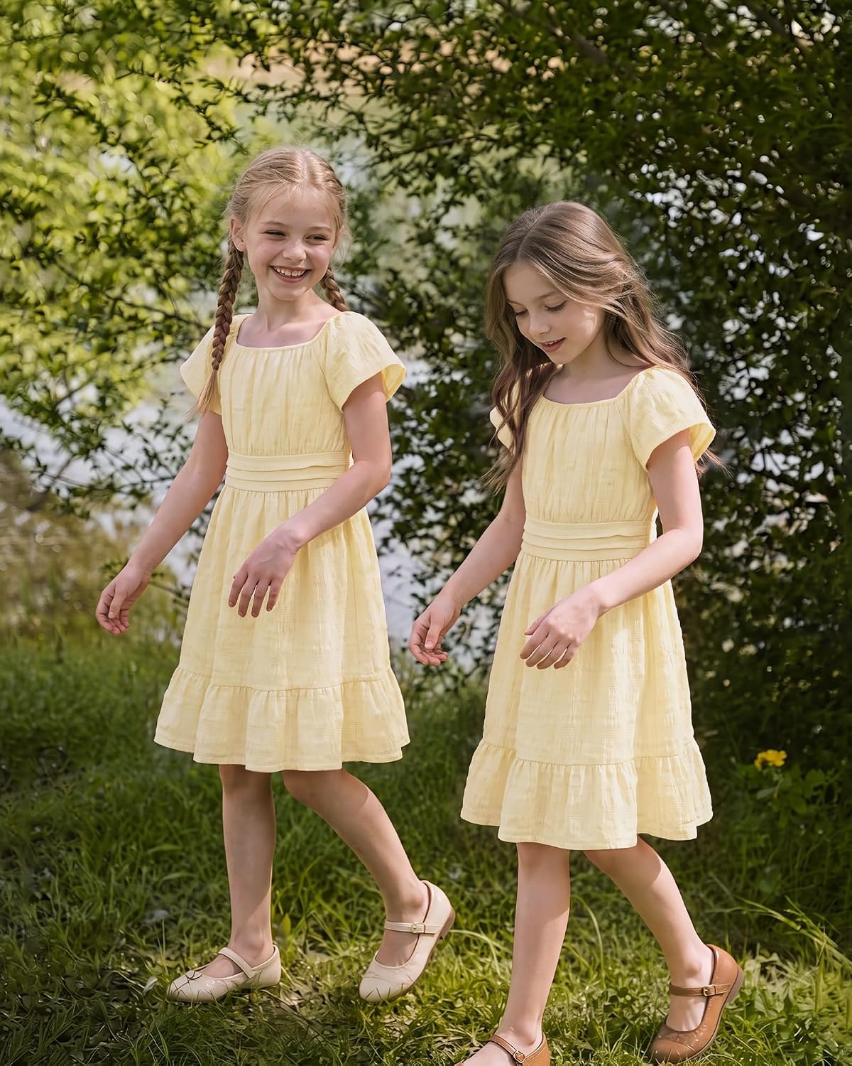 Stelle Girls Summer Casual Smocked Dress 5-15 Years | Square Neck,Smocked Back,Cotton Lining,Short Sleeve,Double Layer,A Line,Twirl,Vacation School Beach Holiday Skater Dress(Butter)