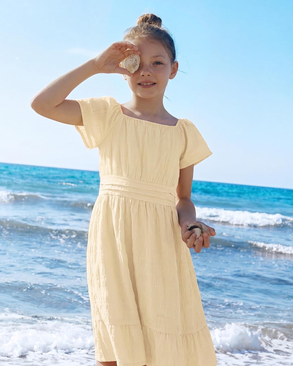 Stelle Girls Summer Casual Smocked Dress 5-15 Years | Square Neck,Smocked Back,Cotton Lining,Short Sleeve,Double Layer,A Line,Twirl,Vacation School Beach Holiday Skater Dress(Butter)