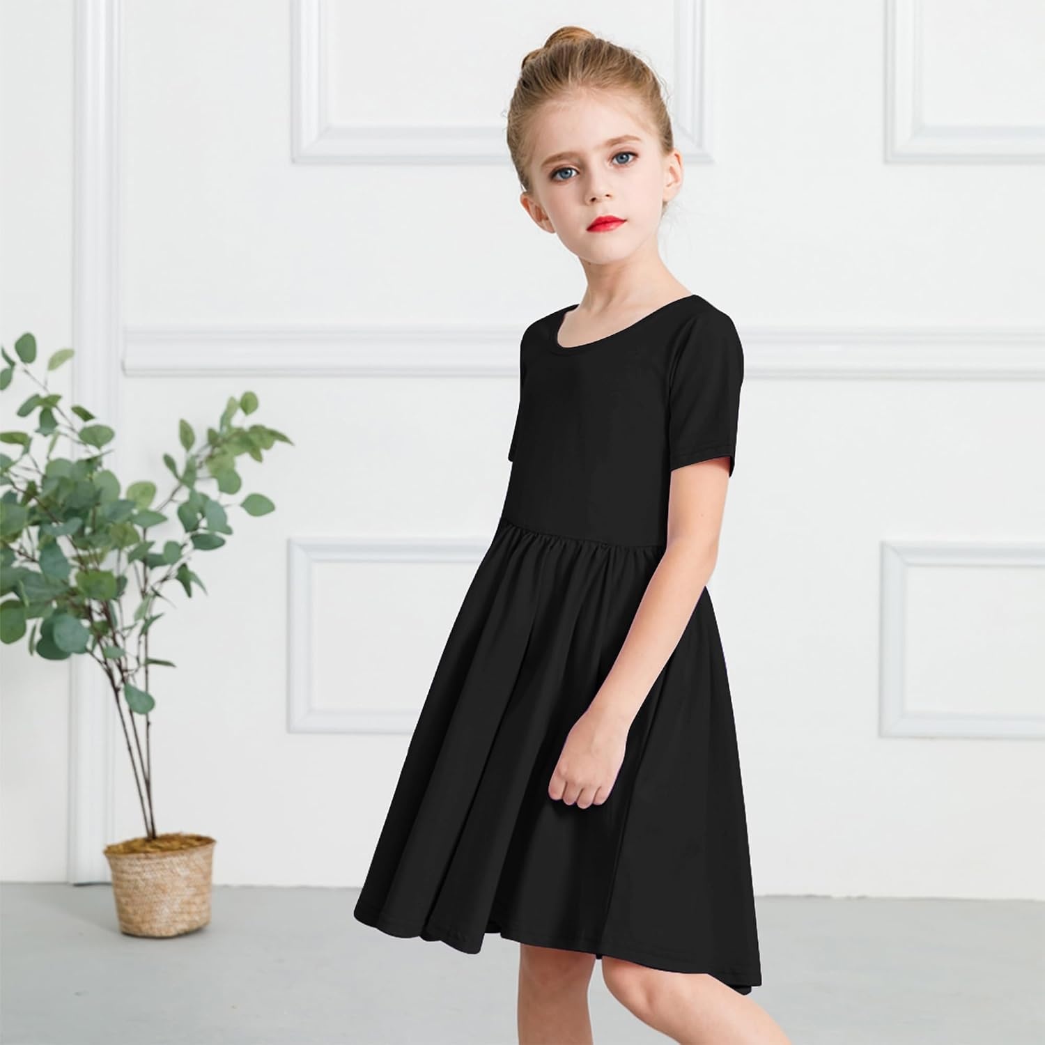 Stelle Girls Cotton Short Sleeve Twirl Skater Dress 3T-12Y(A02-black (Without Pocket))