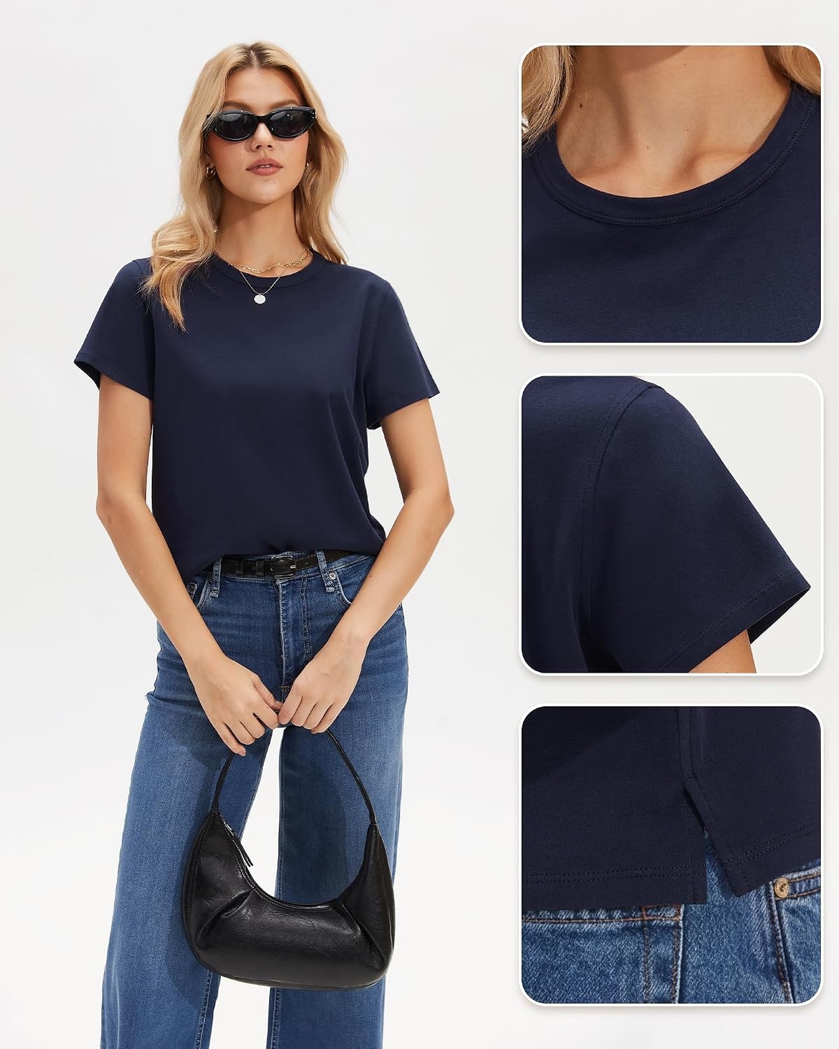 Stelle Women Cotton Blend Tshirts Shirts Boxy Cropped T- Shirts Basic Tees | Relaxed fit, Side slits, Lightweight comfort, Everyday layering, Streetwear, Machine washable, Soft hand feel(Navy)