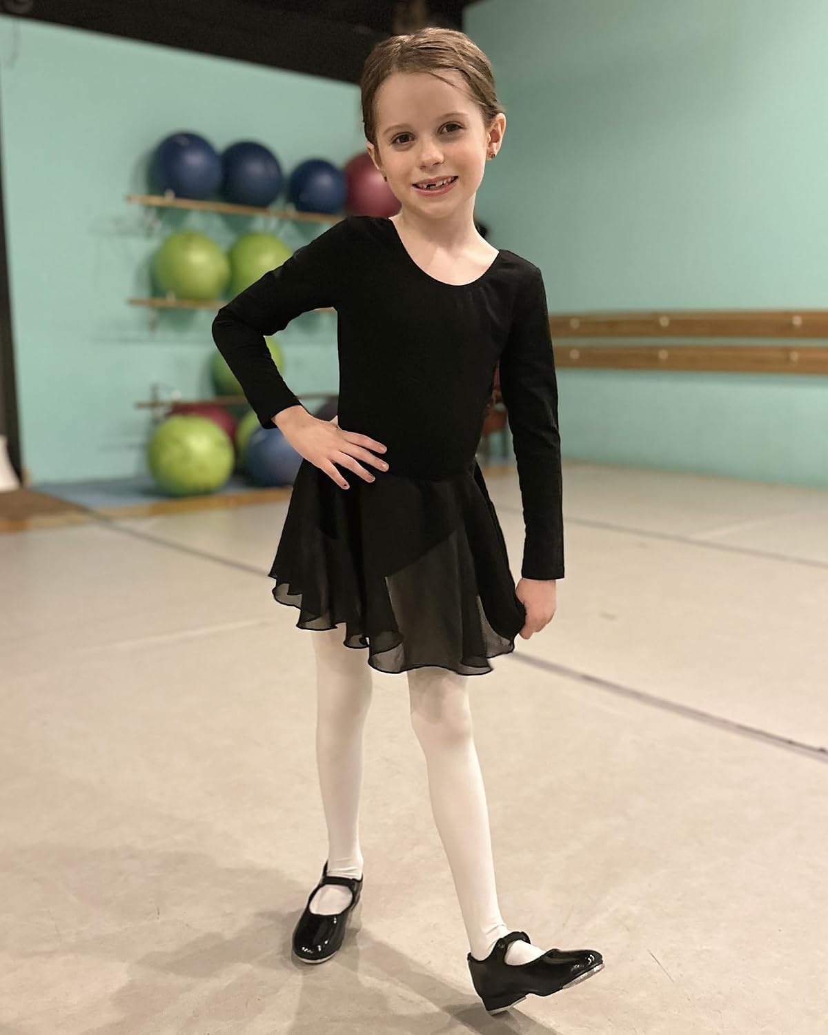 Stelle Ballet Leotards for Girls Long Sleeve Toddler Dance Leotard Outfits | Kids Gymnastics Leotard with Chiffon Skirt, Soft Stretch Fabric, Dance Classes & Recitals, Ballet, Party, Daily Wear(Black)