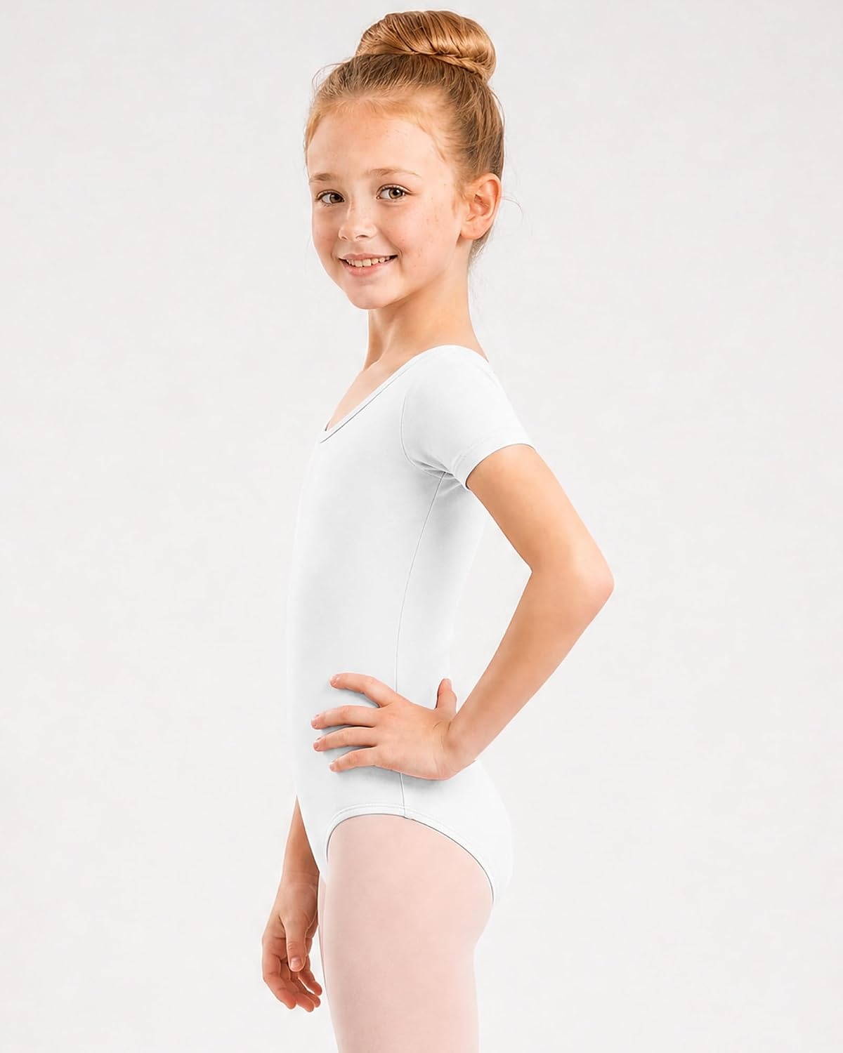 Stelle Girls Short Sleeve Leotards with Tights for Ballet/Dance Outfits(White)