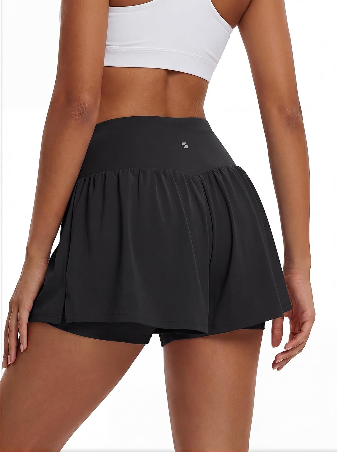 Stelle Women 2 in 1 Running Shorts Flowy Athletic Short with Liner Pockets(Black)