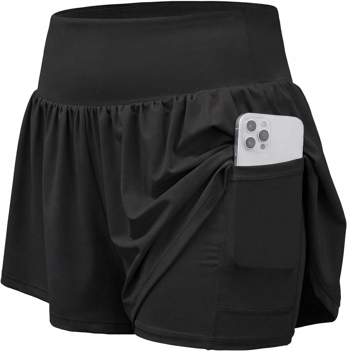 Stelle Women 2 in 1 Running Shorts Flowy Athletic Short with Liner Pockets(Black)
