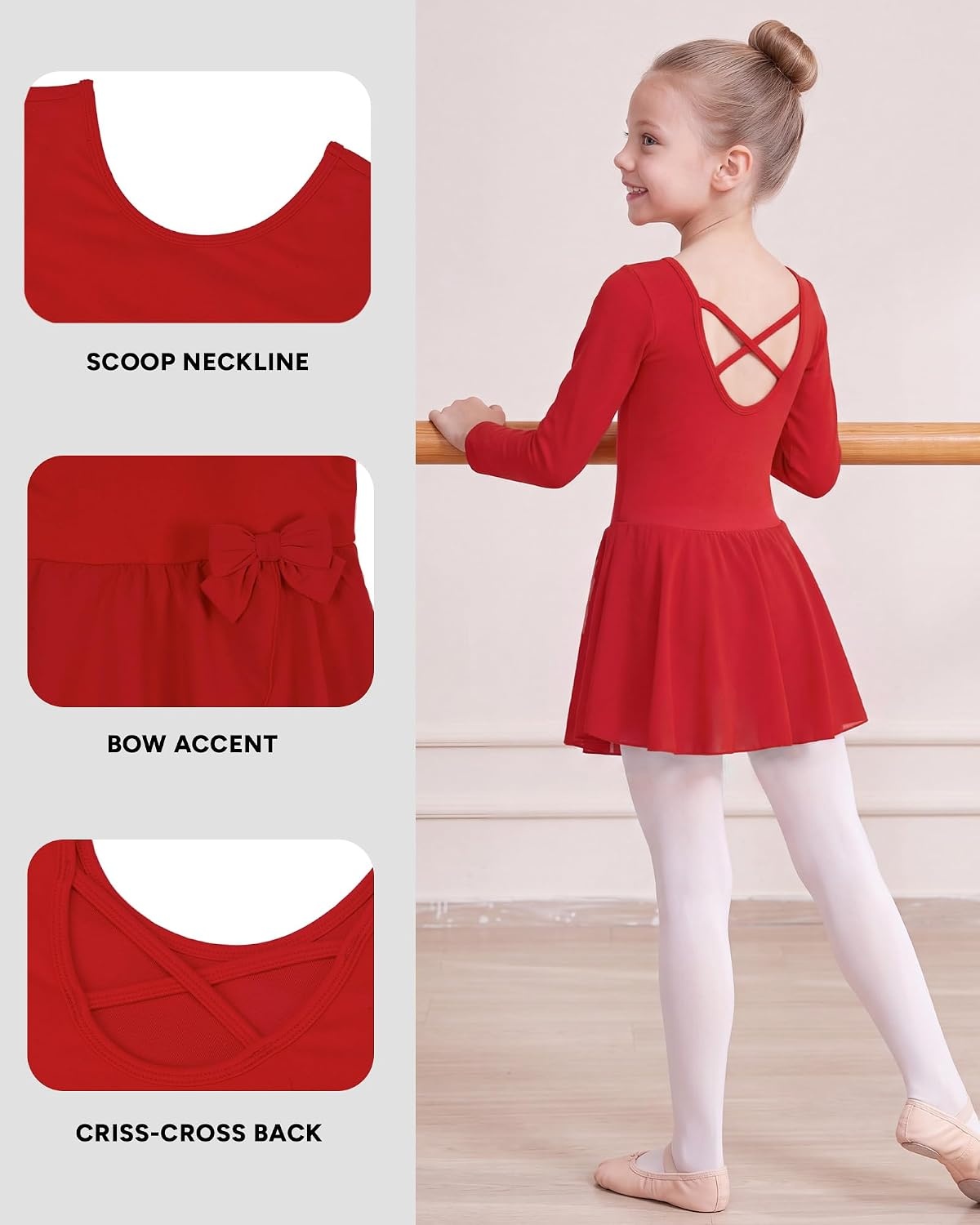 Stelle Ballet Leotards for Girls Long Sleeve Toddler Gymnastics Outfits(Red)