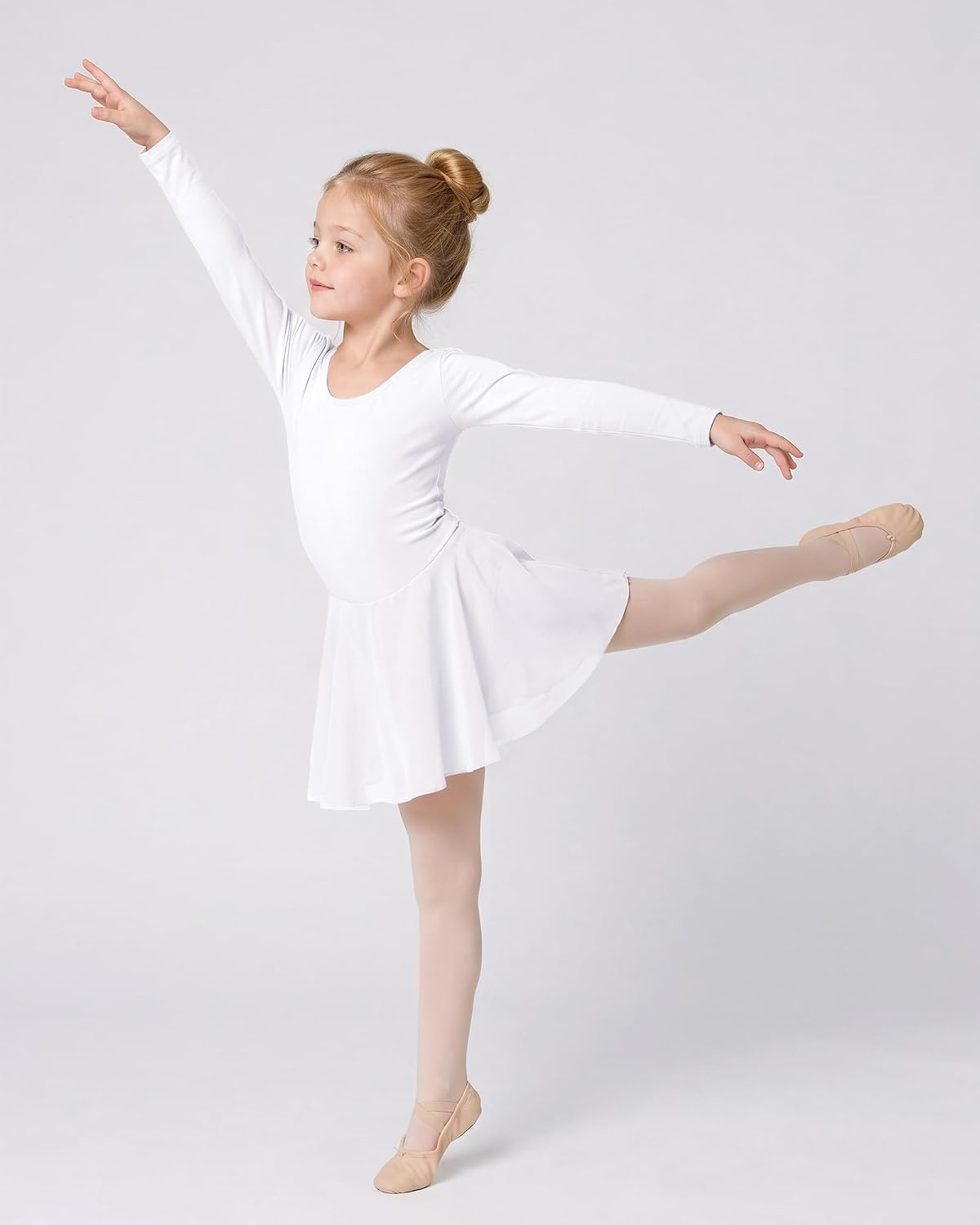 Stelle Girls Long Sleeve Leotard Dress with Footed Tights for Ballet/Dance(White)