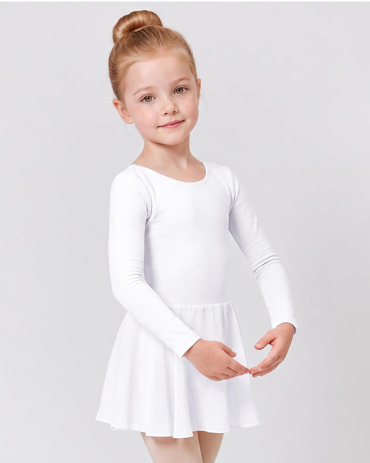 Stelle Girls Long Sleeve Leotard Dress with Footed Tights for Ballet/Dance(White)