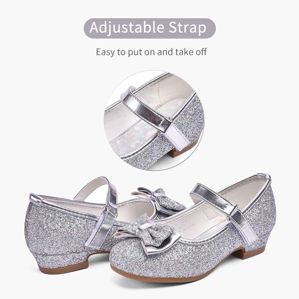 Stelle Girls Dress Shoes Glitter Princess Low Heels for Party Wedding Prom | Shiny glitter finish, Bowknot charms, 1 inch Low Heel, Cushioned comfort, Dress-up, Special occasions, Comfortable fit(Silver)