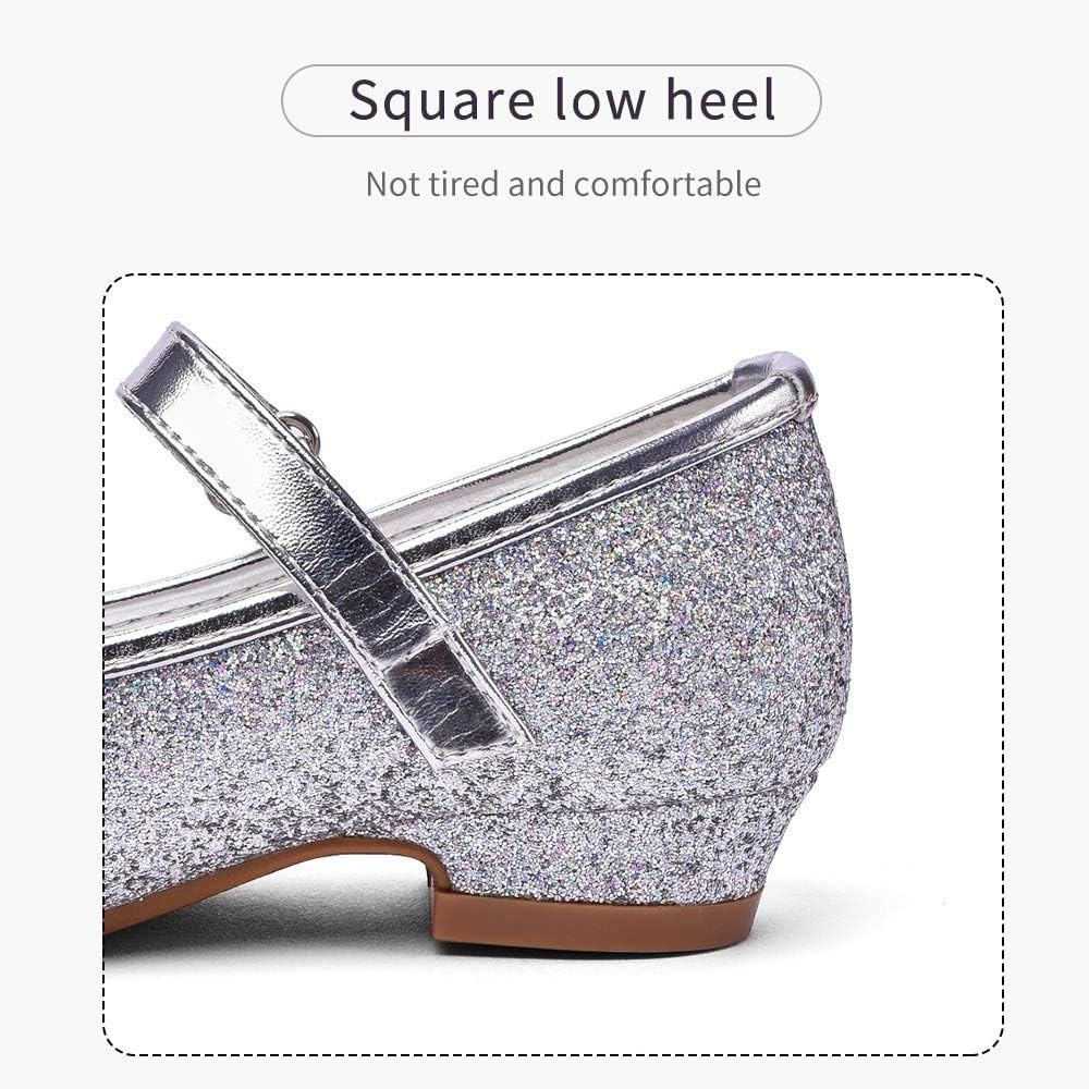Stelle Girls Dress Shoes Glitter Princess Low Heels for Party Wedding Prom | Shiny glitter finish, Bowknot charms, 1 inch Low Heel, Cushioned comfort, Dress-up, Special occasions, Comfortable fit(Silver)