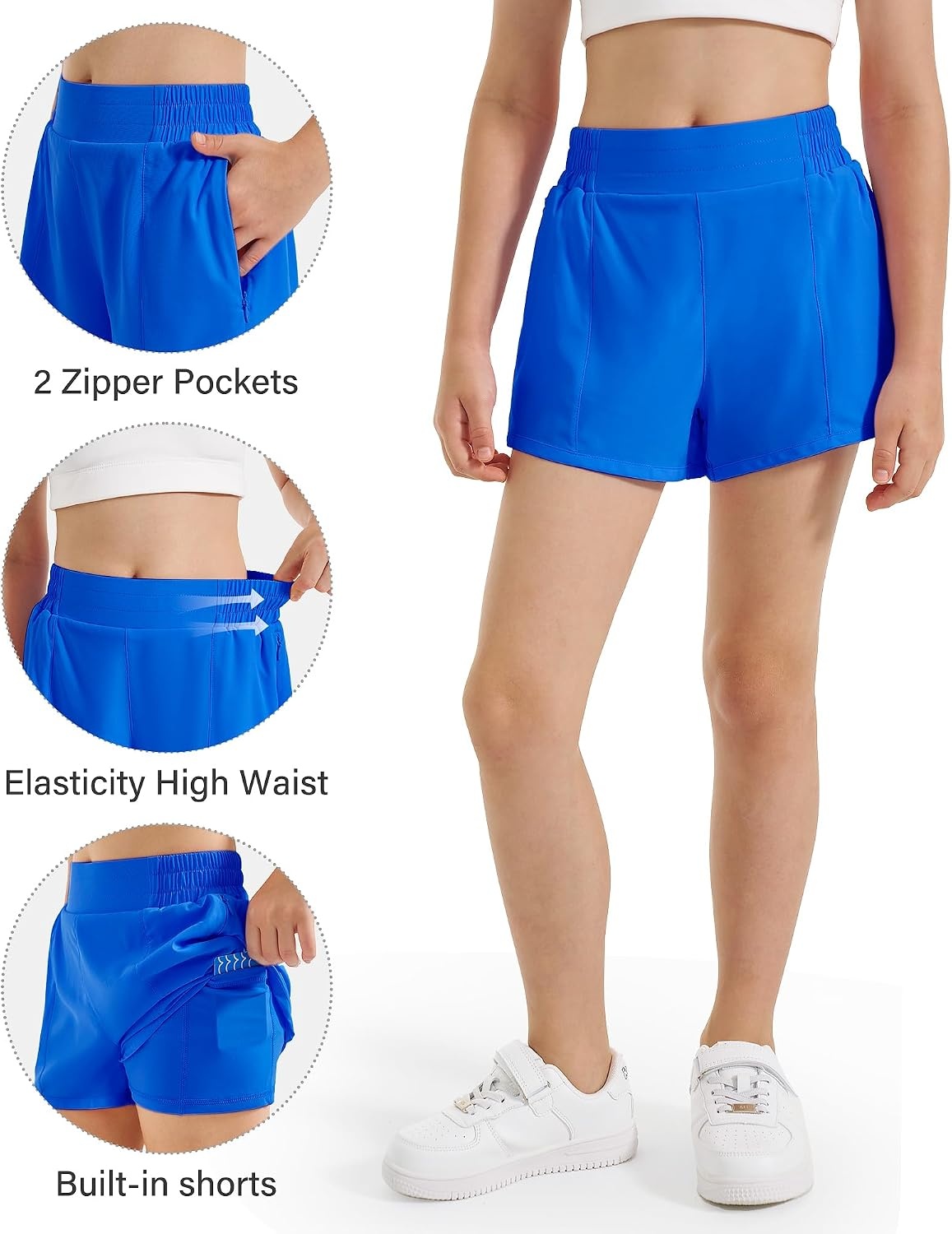 Stelle Girls 2-in-1 Athletic Shorts with Zipper Pockets for Running Sports(Sapphire)