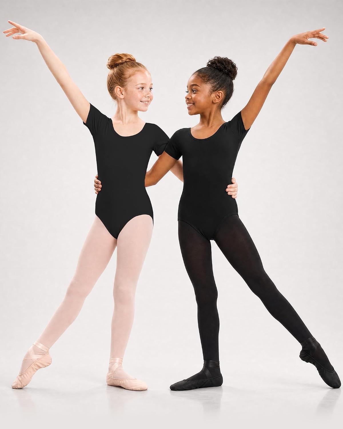 Stelle Girls Short Sleeve Leotards with Tights for Ballet/Dance Outfits | Footed or footless tights, Breathable, High elasticity & durable fabric, Ballet/Dance/Gymnastics leotard(Black)