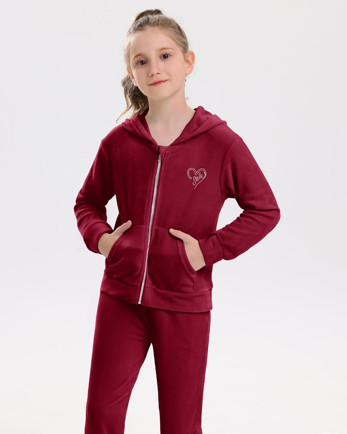 Stelle Girls Velour Tracksuits Zip Up Hoodies Joggers with Pockets 5-15 Y | Sweatshirt with Pockets,Chin Guard,Elastic Waist,Fall Winter Outfits,Holiday,Christmas,Toddler,Little Girl ,Tween,Teen,Preppy(Ruby)