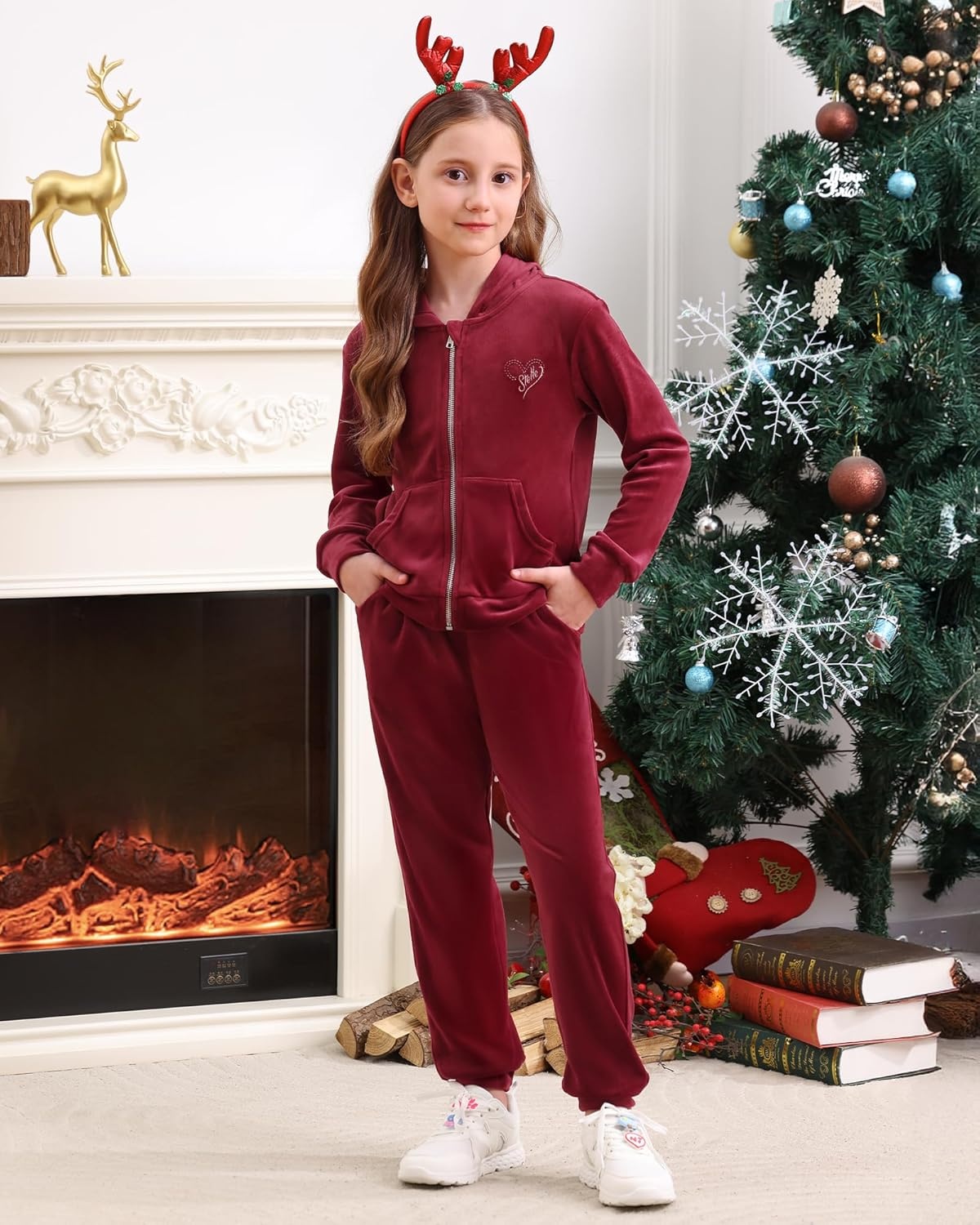 Stelle Girls Velour Tracksuits Zip Up Hoodies Joggers with Pockets 5-15 Y | Sweatshirt with Pockets,Chin Guard,Elastic Waist,Fall Winter Outfits,Holiday,Christmas,Toddler,Little Girl ,Tween,Teen,Preppy(Ruby)