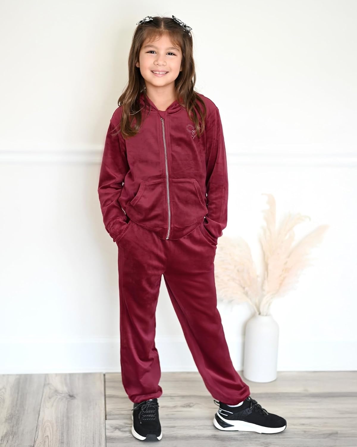 Stelle Girls Velour Tracksuits Zip Up Hoodies Joggers with Pockets 5-15 Y | Sweatshirt with Pockets,Chin Guard,Elastic Waist,Fall Winter Outfits,Holiday,Christmas,Toddler,Little Girl ,Tween,Teen,Preppy(Ruby)