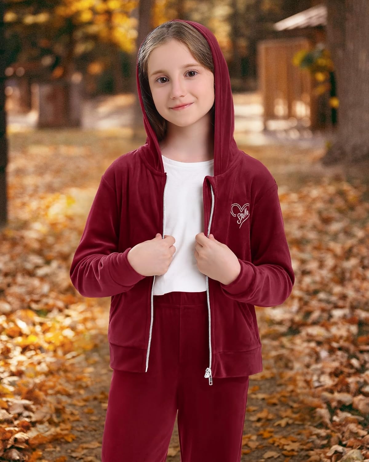 Stelle Girls Velour Tracksuits Zip Up Hoodies Joggers with Pockets 5-15 Y | Sweatshirt with Pockets,Chin Guard,Elastic Waist,Fall Winter Outfits,Holiday,Christmas,Toddler,Little Girl ,Tween,Teen,Preppy(Ruby)