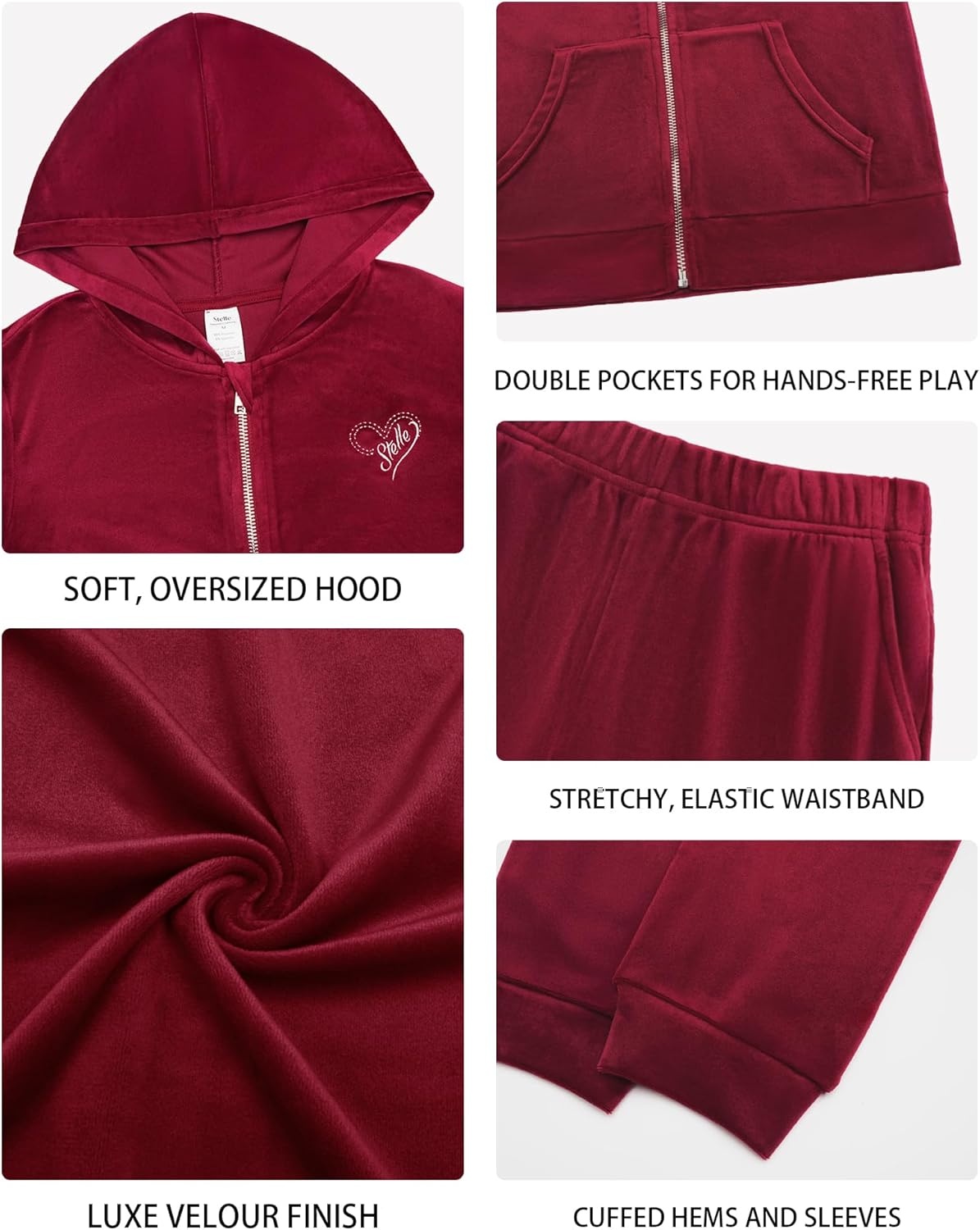 Stelle Girls Velour Tracksuits Zip Up Hoodies Joggers with Pockets 5-15 Y | Sweatshirt with Pockets,Chin Guard,Elastic Waist,Fall Winter Outfits,Holiday,Christmas,Toddler,Little Girl ,Tween,Teen,Preppy(Ruby)