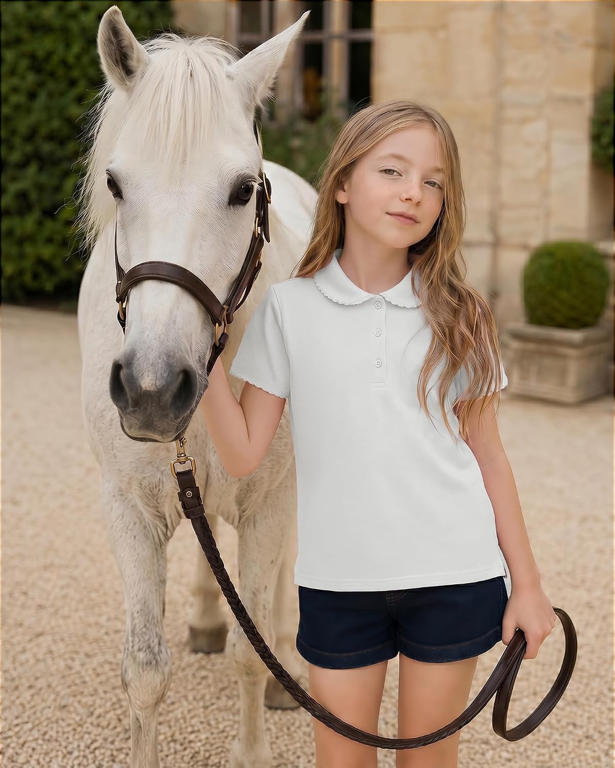 Stelle Girls Polo Shirts School Uniform Peter Pan Collar Short Sleeve Tops(White)