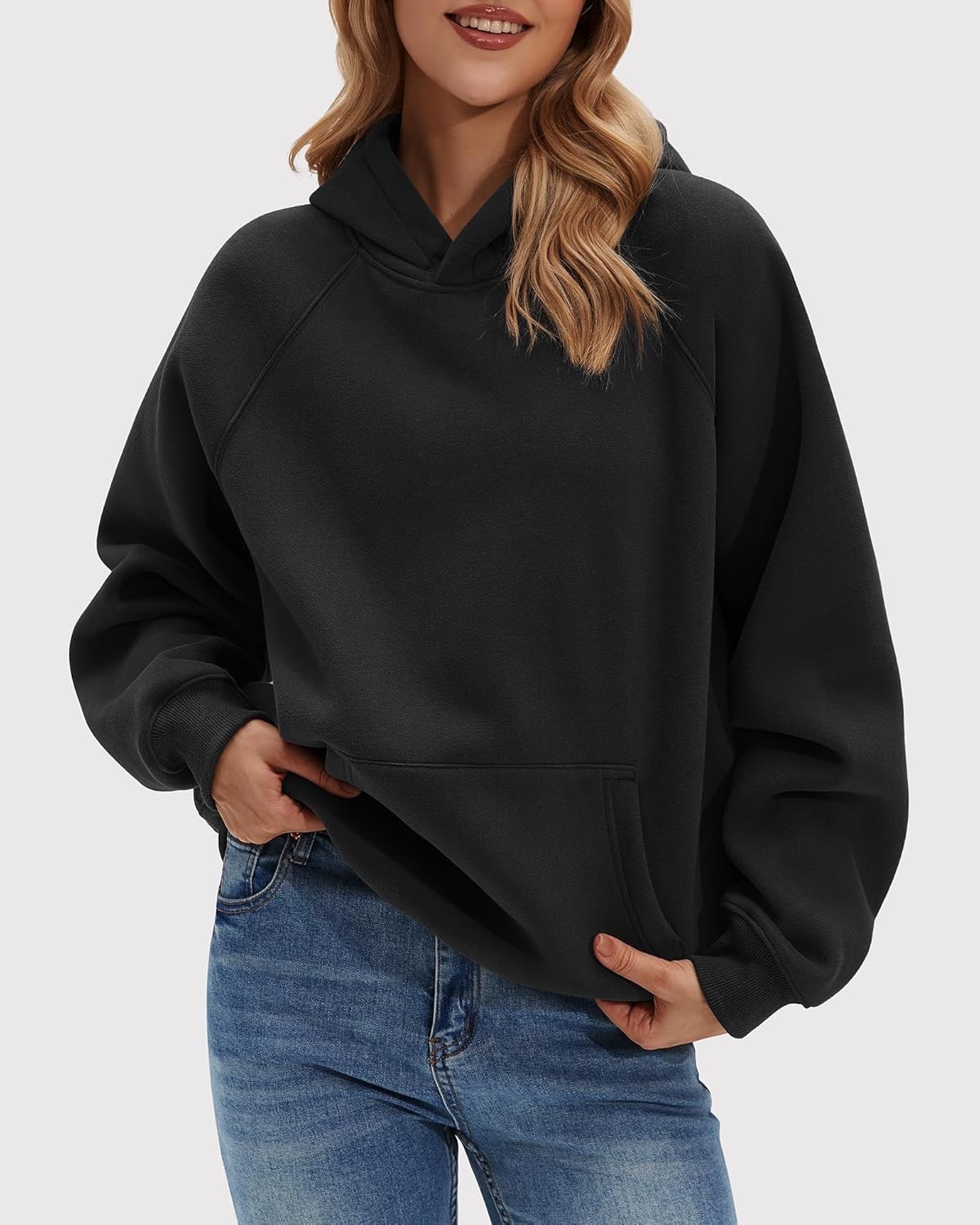 Stelle Women Hoodies Oversized Fleece Long Sleeve Comfy Casual Pullover Sweatshirts 2026 Winter Fall Outfits(Black)
