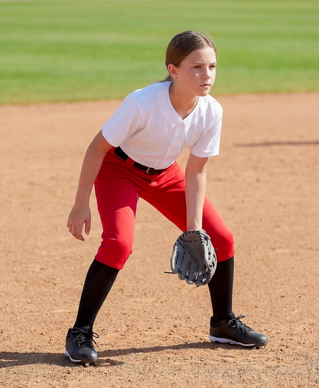 Stelle Girls Softball Pants Knickers Style with Pockets for Youth Kids | Knee-high, Fastpitch, Tee Ball, Belt Loops, Double Knee Performance, Durable, Practice, Game Day, Elastic Leg Openings(Red)