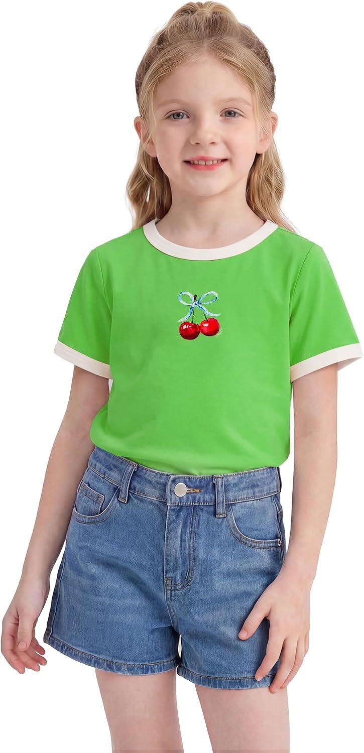Stelle Girls Retro Graphic T Shirt Soft Stretch Crewneck for School | Lightweight, Breathable, Soft, Stretchy, Cherry graphic, Relaxed fit, School, Play, Sports, Everyday wear, Vintage style(Very Cherry|green)