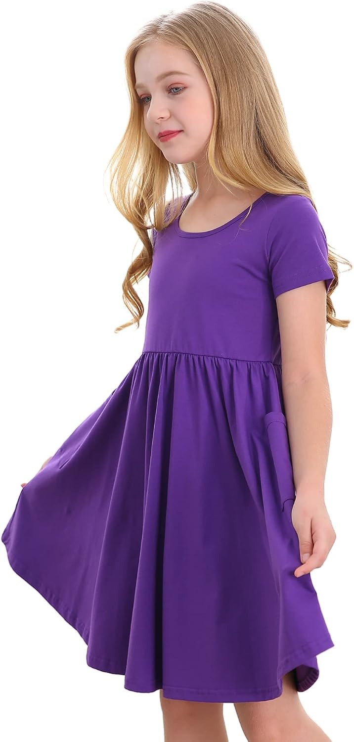 Stelle Girls Cotton Short Sleeve Twirl Skater Dress 3T-12Y(A19-purple (With Pocket))