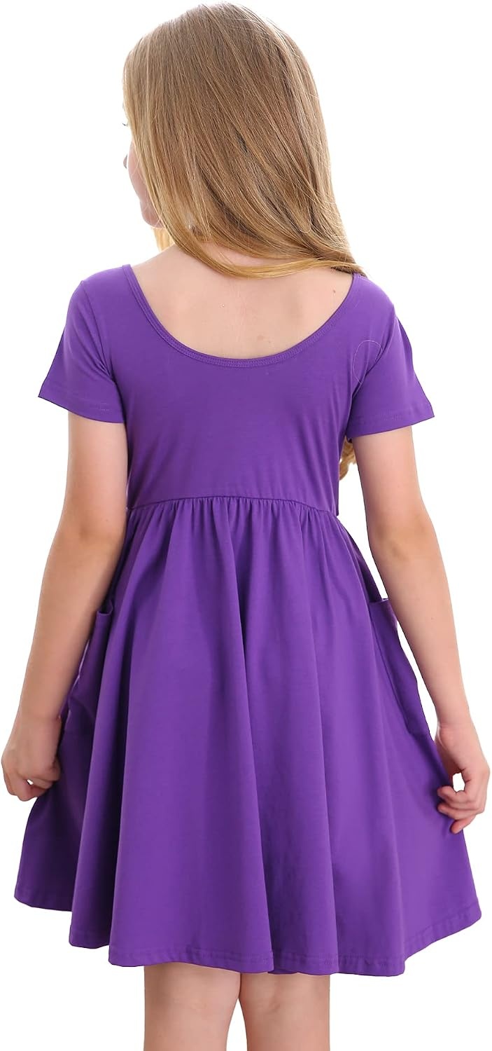 Stelle Girls Cotton Short Sleeve Twirl Skater Dress 3T-12Y(A19-purple (With Pocket))