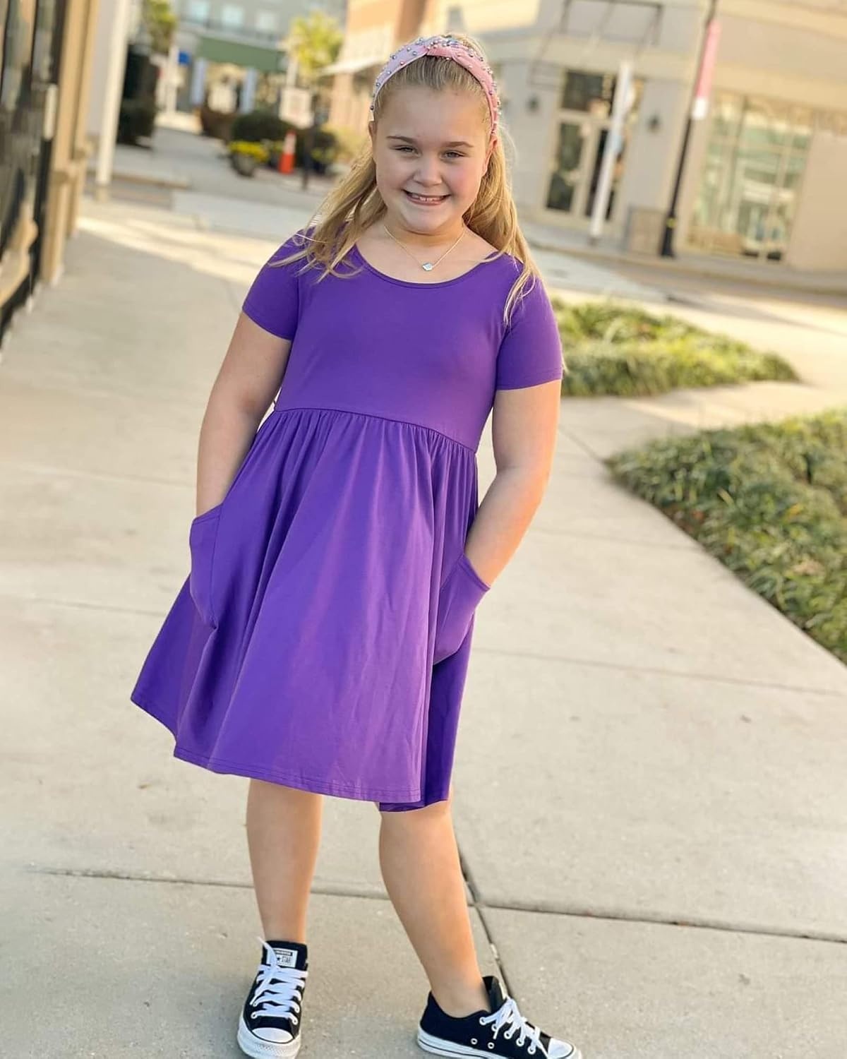 Stelle Girls Cotton Short Sleeve Twirl Skater Dress 3T-12Y(A19-purple (With Pocket))
