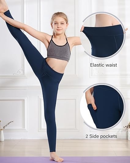 Stelle Girls Leggings with Pockets Kids Dance Yoga Running Athletic Pants(Black-charcoal-navy-pink)