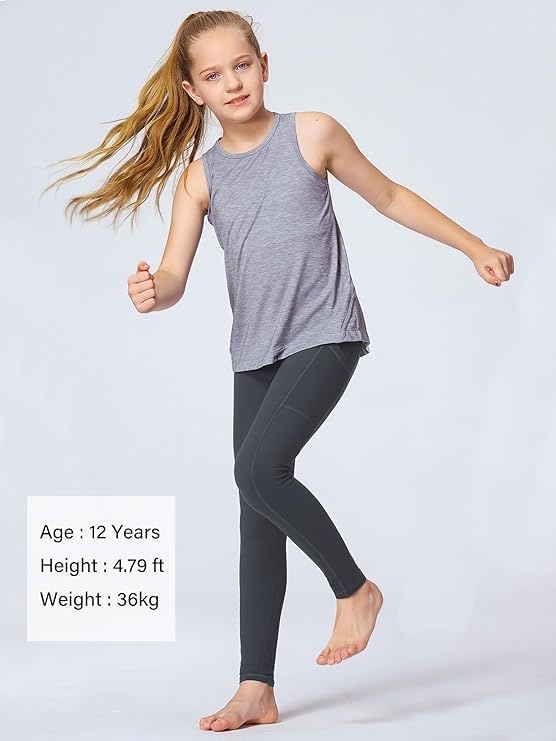 Stelle Girls Leggings with Pockets Kids Dance Yoga Running Athletic Pants(Black-charcoal-navy-pink)