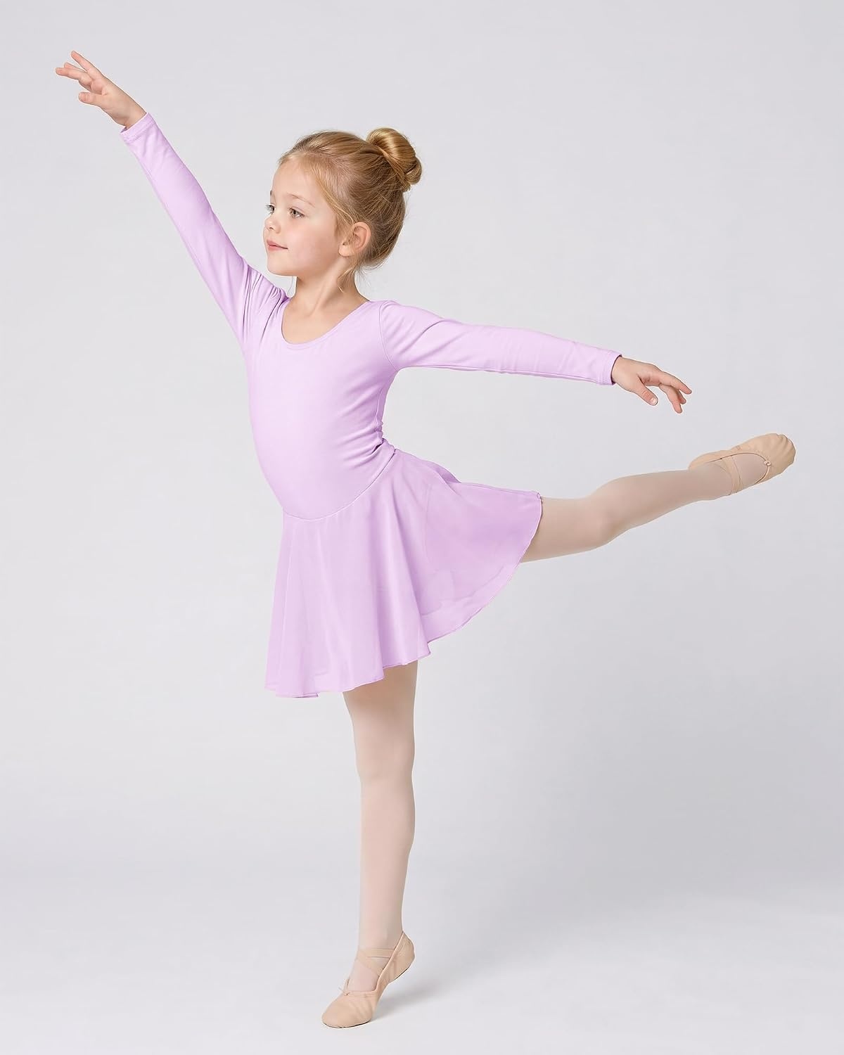 Stelle Girls Long Sleeve Leotard Dress with Footed Tights for Ballet/Dance(Lavender)