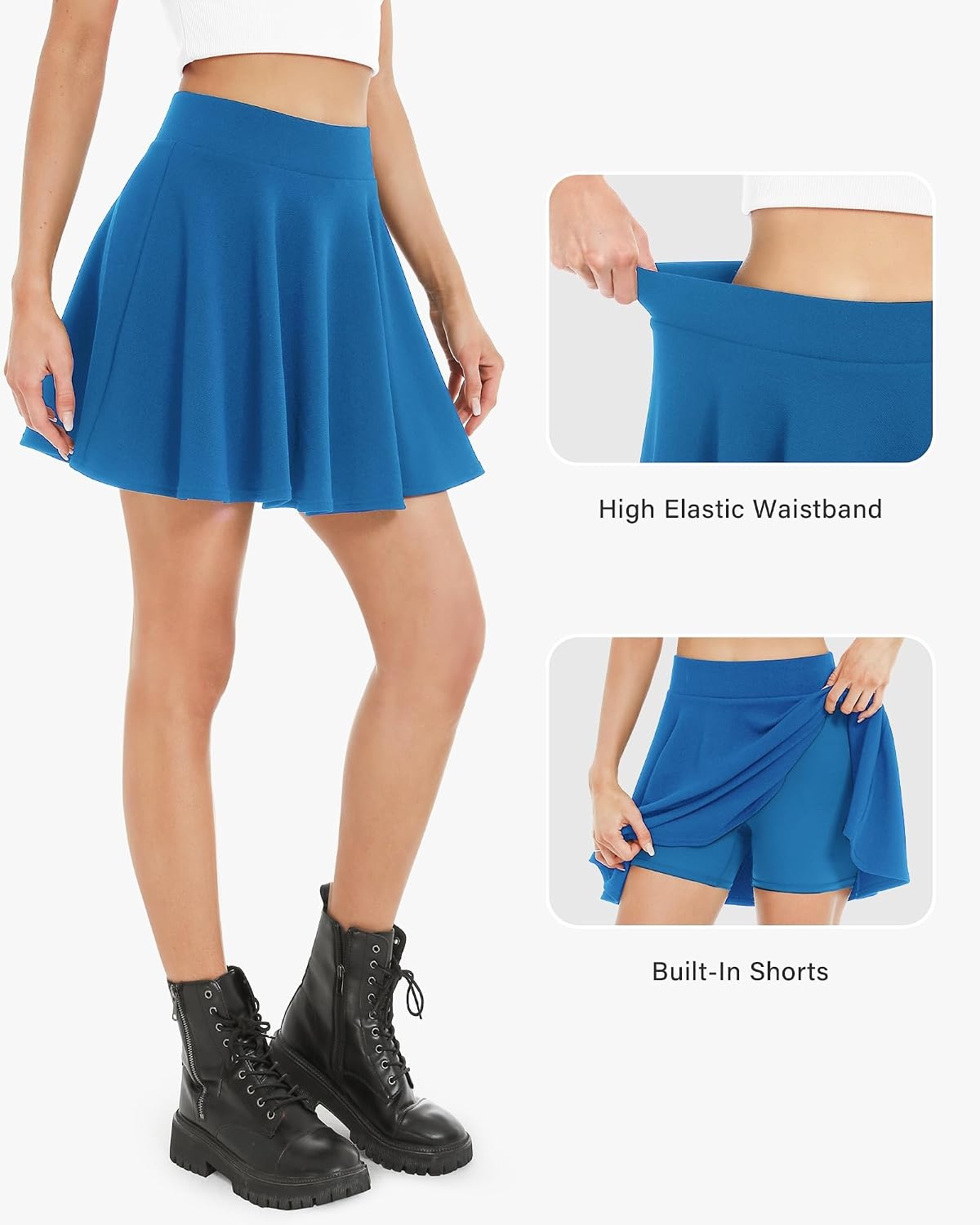 Stelle Women’s Casual Skater Skirt Flared Pleated Mini Skort with Shorts(Electric Blue)