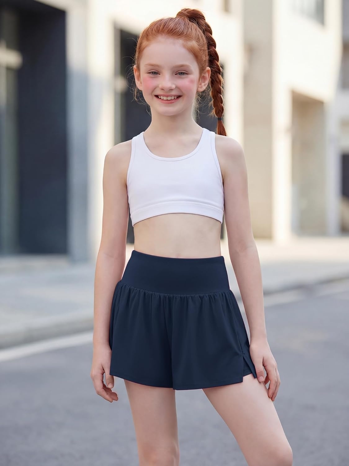 Stelle Girls Athletic Shorts Flowy Running Butterfly Short with Pockets | Lightweight, 2 in 1 Butterfly Design, Built-in Shorts, Inner Pockets, Running, Tennis, Soccer, Dance, Active Wear(Navy)