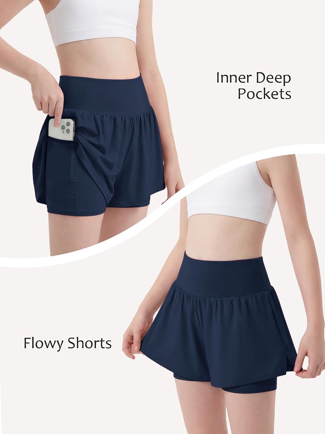 Stelle Girls Athletic Shorts Flowy Running Butterfly Short with Pockets | Lightweight, 2 in 1 Butterfly Design, Built-in Shorts, Inner Pockets, Running, Tennis, Soccer, Dance, Active Wear(Navy)