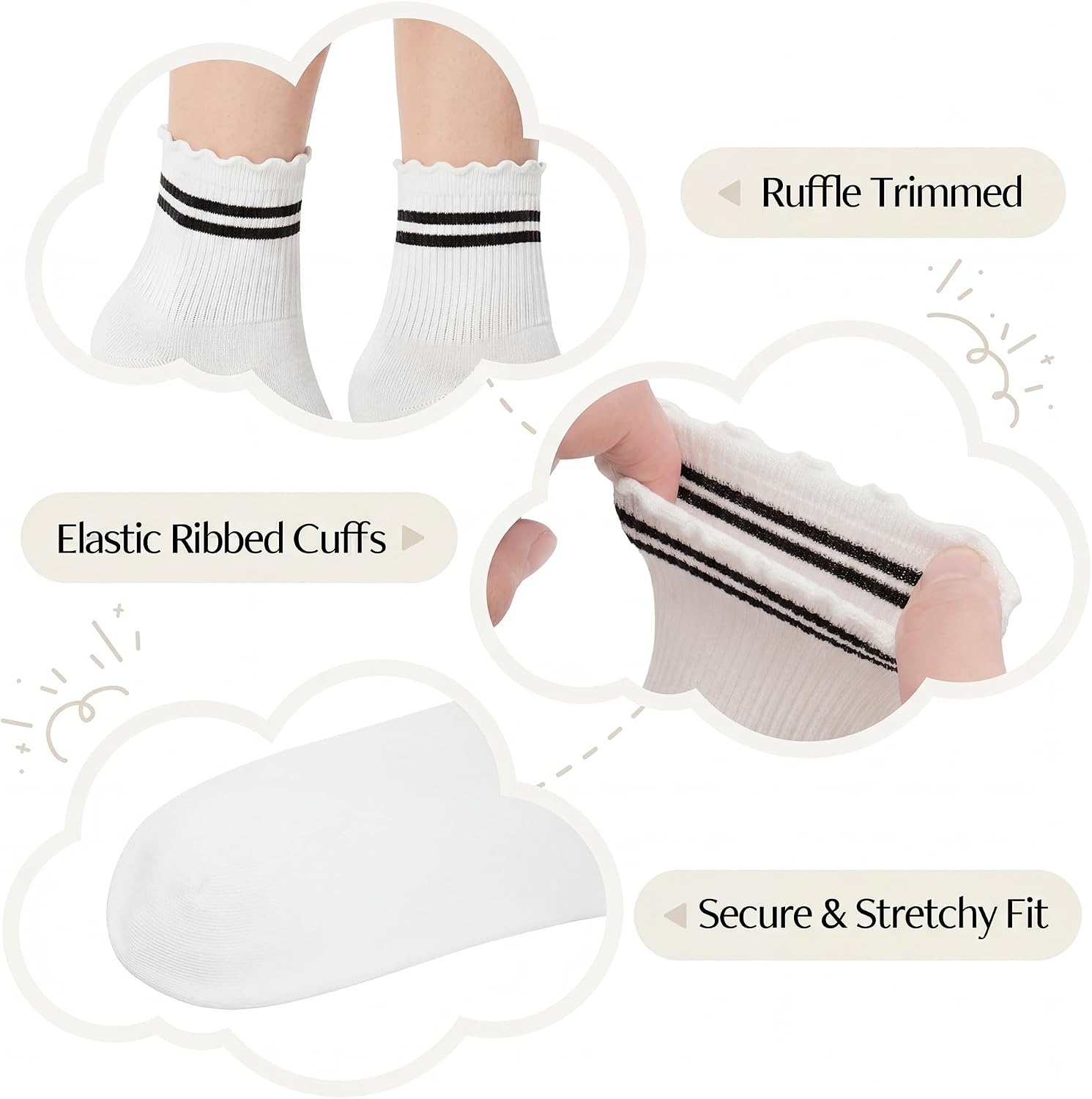 Stelle Girls Socks Cotton Ruffle Athletic Ankle Sock 3/4/5 Pairs for Kids(5 Black Stripes)