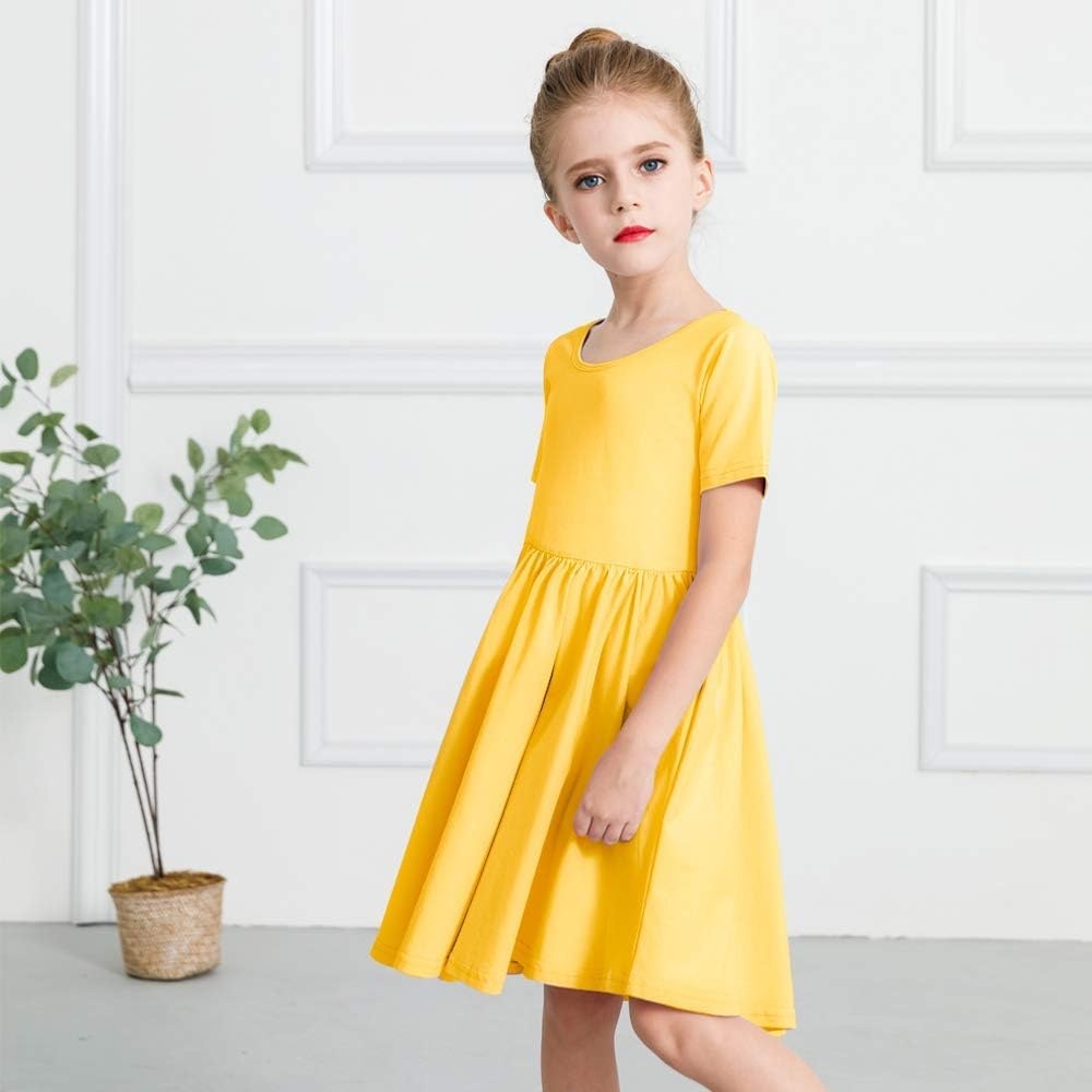 Stelle Girls Cotton Short Sleeve Twirl Skater Dress 3T-12Y | Twirl-Friendly Skirt, A Line,Criss Cross Back,Dress for School,Dance,Playwear,Casual,Active,Soft Stretch Breathable Comfy(A02-yellow (Without Pocket))
