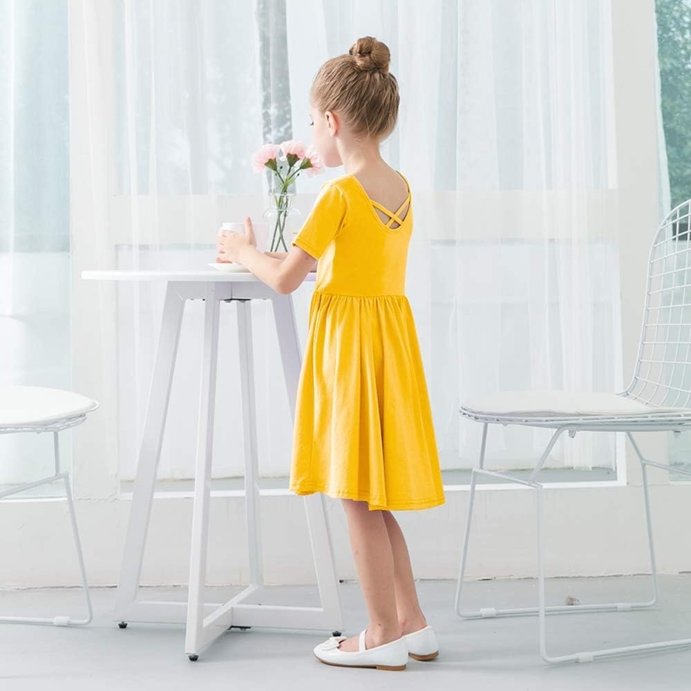 Stelle Girls Cotton Short Sleeve Twirl Skater Dress 3T-12Y | Twirl-Friendly Skirt, A Line,Criss Cross Back,Dress for School,Dance,Playwear,Casual,Active,Soft Stretch Breathable Comfy(A02-yellow (Without Pocket))